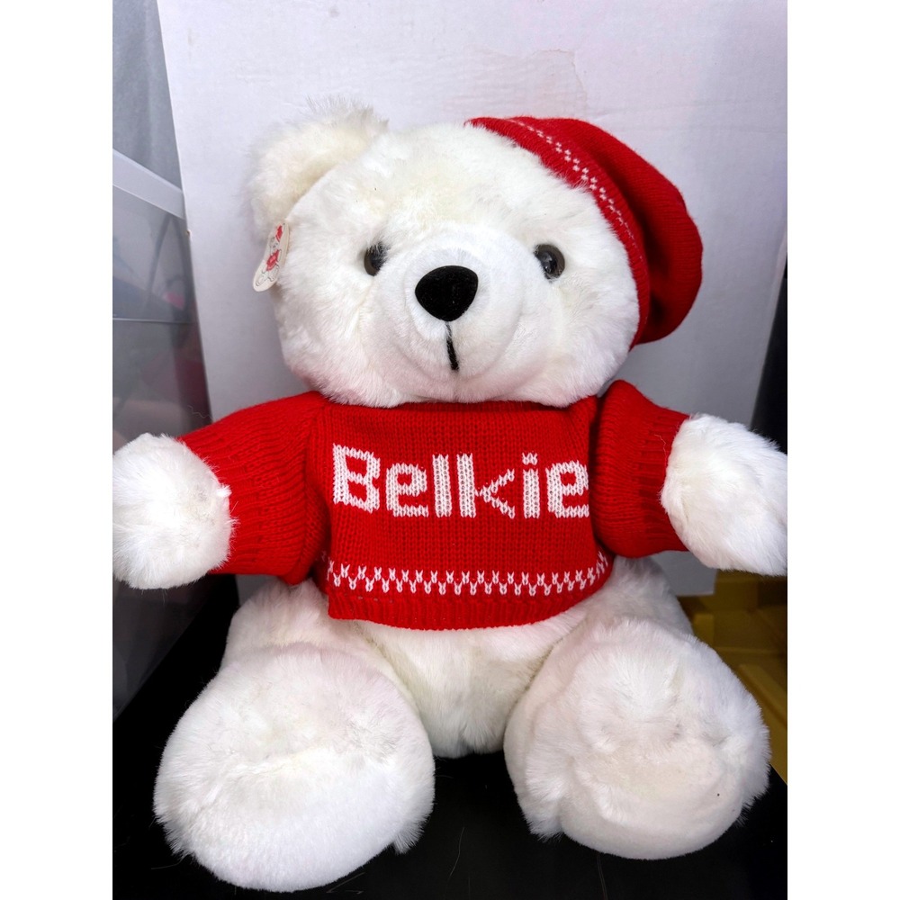 Vintage Belkie Bear Plush White Christmas Teddy Red Sweater Hat Belk Stores Tag